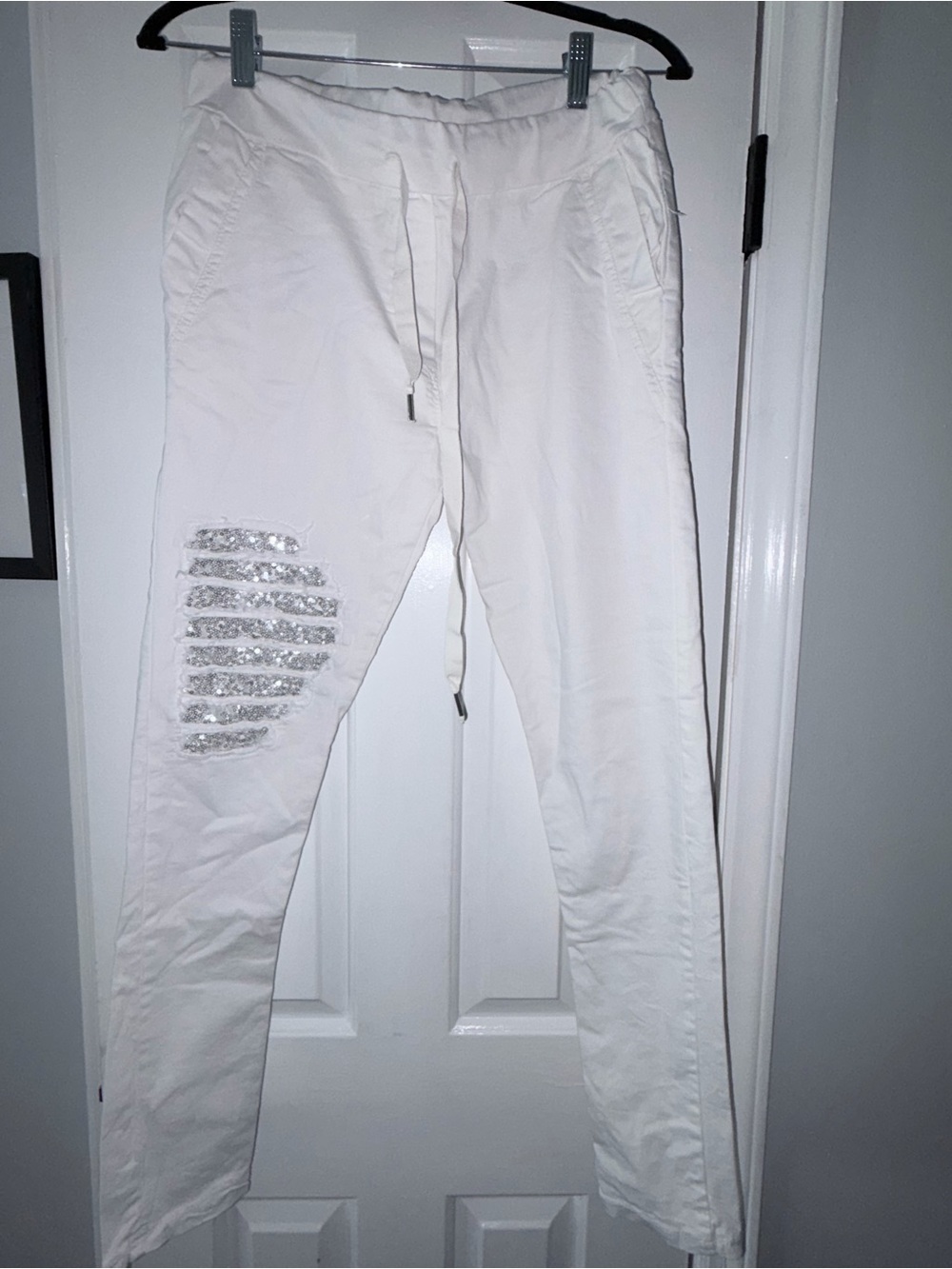 White Women's Drawstring Joggers with Silver Sequin Detail